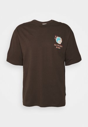 Brown cotton t-shirt with short sleeves, crew neckline, and a printed design featuring a globe and text in colorful lettering.