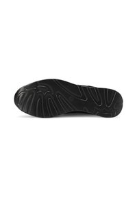 Suola di scarpa in gomma nera con un motivo testurizzato caratterizzato da scanalature e creste per una migliore aderenza. Design con punta arrotondata e tacco piatto.