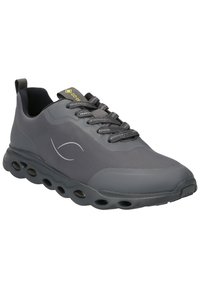 Grå vattentäta sneakers med en slät överdel, snörning och dämpad sula med cirkulära utskärningar för ventilation.