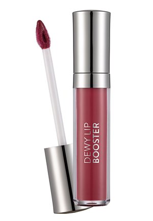 Glossy mauve lip booster tube with silver cap and angled applicator wand coated in product.