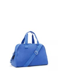 Borsa a tracolla blu realizzata in tessuto con una superficie liscia. Caratterizzata da doppie maniglie e una tracolla regolabile. Chiusura con zip nella parte superiore.