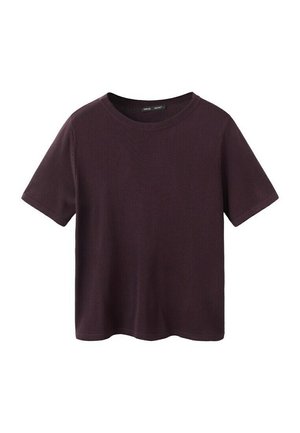 Maglietta a maniche corte, viola scuro, con scollo rotondo, vestibilità comoda e tessuto dalla texture liscia, mostrata su sfondo bianco.