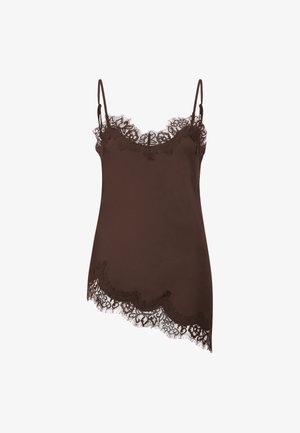 Braunes Spitzen-Camisole mit verstellbaren Spaghettiträgern und gewelltem Saum. Glatter Stoff mit filigranen Spitzenverzierungen am Ausschnitt und Saum.