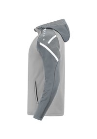 Grijze hoodie met een gestructureerde capuchon, een effen lijf en contrasterende grijze mouwen. Bevat witte accenten en zijzakken. Strak, modern ontwerp.
