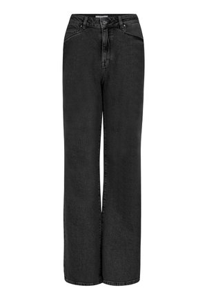 Jean noir taille haute à jambes larges avec poches avant, passants pour ceinture et fermeture par bouton.