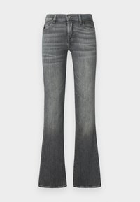Jean en denim gris délavé avec une taille haute, style cinq poches et jambes évasées larges, présenté sur un fond uni.