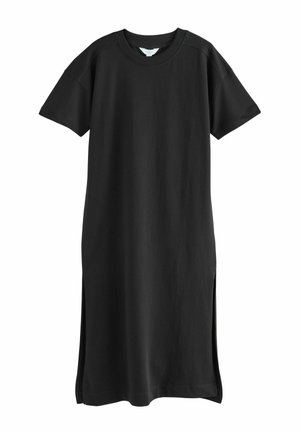 Svart bomulls t-shirt klänning med korta ärmar, sidslitsar och en avslappnad passform. Lätt rundad halsringning med minimala sömnadsdetaljer.