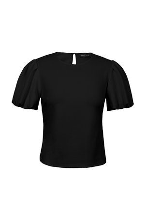 Zwarte blouse met korte mouwen, pofmouwen, ronde halslijn en kleine sleutelgatknopsluiting aan de achterkant.
