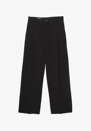 Schwarze weit geschnittene Hose aus glattem Stoff, mit flachem Taillenbund, vorderen Falten und einer einzigen Knopfverschlus.