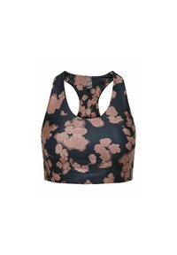 Sportski grudnjak u tamnoplavoj boji s ružičastim cvjetnim uzorkom. Ima okrugli izrez i bez rukava, s leđima u obliku trkača. Glatka tekstura tkanine.