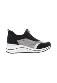 Black and white athletic shoe with mesh and textured fabric upper, elastic goring, silver accents, and a thick white midsole. Side zip closure.
