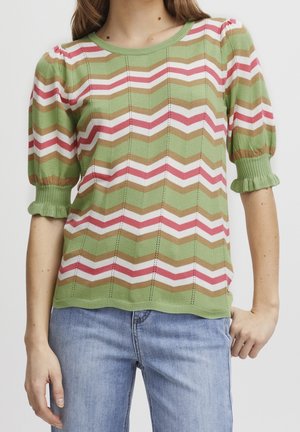 Kvinde iført en grøn, pink, hvid og brun zigzag-mønstret kort puffetærmet sweater kombineret med lyseblå jeans.