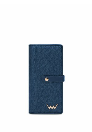 Blue textured wallet with a secure flap closure, featuring a gold-tone accent and a smooth contrasting strap. Rectangular shape, compact design.