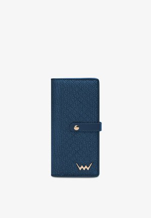 Blue textured wallet with a secure flap closure, featuring a gold-tone accent and a smooth contrasting strap. Rectangular shape, compact design.