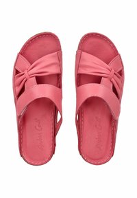 Růžové kožené skládací sandály s uzlovým designem na vršku, otvorenou špičkou a kontrastním bílým prošíváním. Texturovaná stélka pro pohodlí.