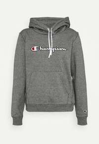 Felpa con cappuccio grigia realizzata in tessuto morbido, con tasca frontale, stringhe bianche e logo "Champion" ricamato in nero e rosso.