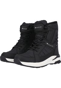 Zwarte hoge laarzen van synthetisch materiaal; met een ronde neus, dikke witte tussenzool, en voorvetersluiting met een gewatteerde kraag.