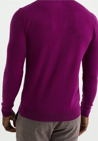 Pull violet à manches longues avec une coupe ajustée, poignets et taille côtelés, en tissu lisse, présenté de dos.