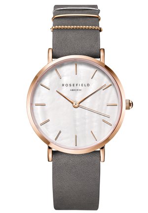 Montre Rosefield avec un boîtier en acier inoxydable doré rose, un cadran en nacre blanche, un bracelet en cuir gris fin et de simples accents dorés.