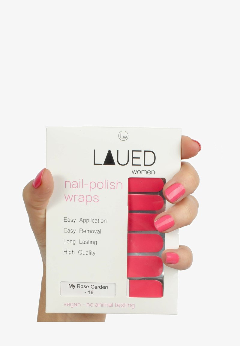 Nail polish wraps in a box featuring a bright pink design. Key features: easy application, easy removal, long-lasting quality, vegan.