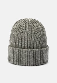 Berretto lavorato a maglia grigio con parte superiore decorata e risvolto a coste. Realizzato in materiale morbido, presenta un design testurizzato in tutto il suo sviluppo.
