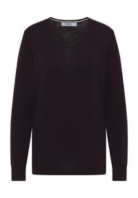 Sweter z długim rękawem w serek w głębokim purpurowym kolorze. Miękki materiał dzianinowy o gładkiej teksturze i dzianych mankietach. Metka marki "CECIL" przy dekolcie.