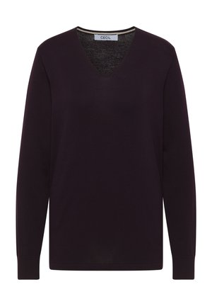 V-hals langærmet sweater i dyb lilla. Blødt strikkemateriale med en glat tekstur og ribbede manchetter. Brandlabel "CECIL" ved halsudskæringen.