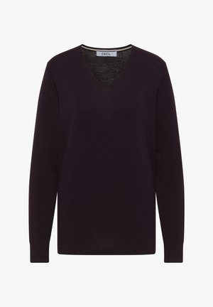 Maglione a maniche lunghe con scollatura a V in un profondo viola. Materiale in maglia morbida con una texture liscia e polsini a coste. Etichetta del marchio "CECIL" all'inguine.