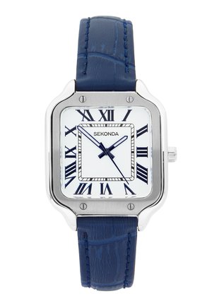 Square silver watch with white dial, blue Roman numerals, blue hour, minute, and second hands, and blue textured leather strap.