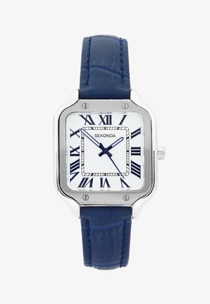Square silver watch with white dial, blue Roman numerals, blue hour, minute, and second hands, and blue textured leather strap.