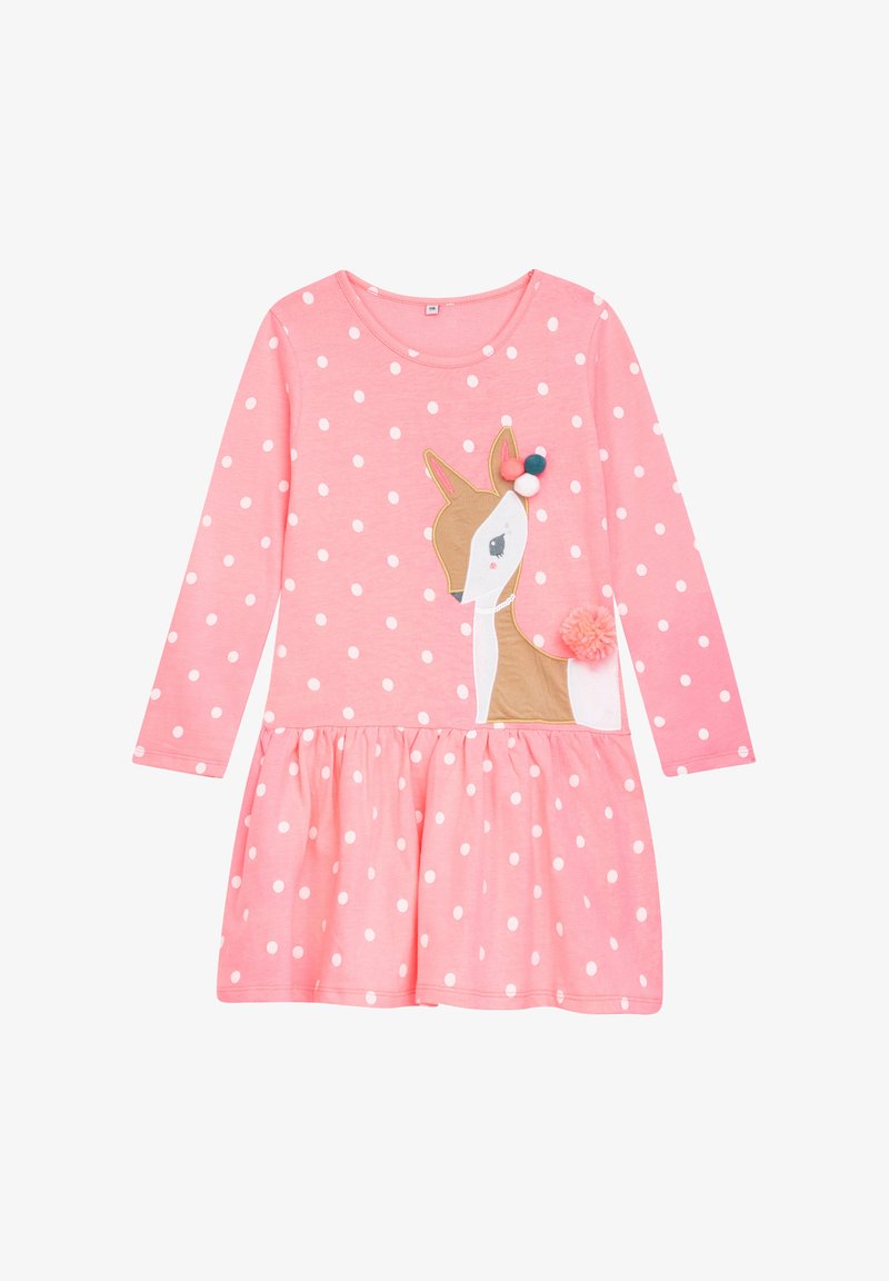 Rosa langärmliges Kleid mit weißen Punkten, verfügt über eine Hirsch-Applikation mit bunten Pompons, ausgestelltem Rock und weichem Baumwollmaterial.
