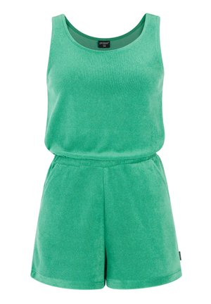 Combinaison en éponge verte avec col arrondi, sans manches, taille élastique et shorts. Texture lisse avec un minimum de détails.