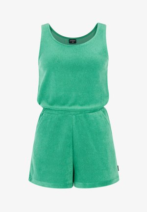 Zelený terakotový overal s okrúhlym výstrihom, bez rukávov, elastickým pásom a šortkami. Hladká textura s minimálnym detalizovaním.