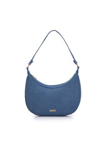 Blå denim skuldertaske med en buet form, justerbar rem, lynlås lukning og hardware i guldfarve. Har en logo-plade på fronten.