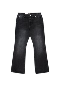 Jeans in denim nero con taglio a gamba larga, dotati di vita media, design a cinque tasche e dettagli in metallo argentato.