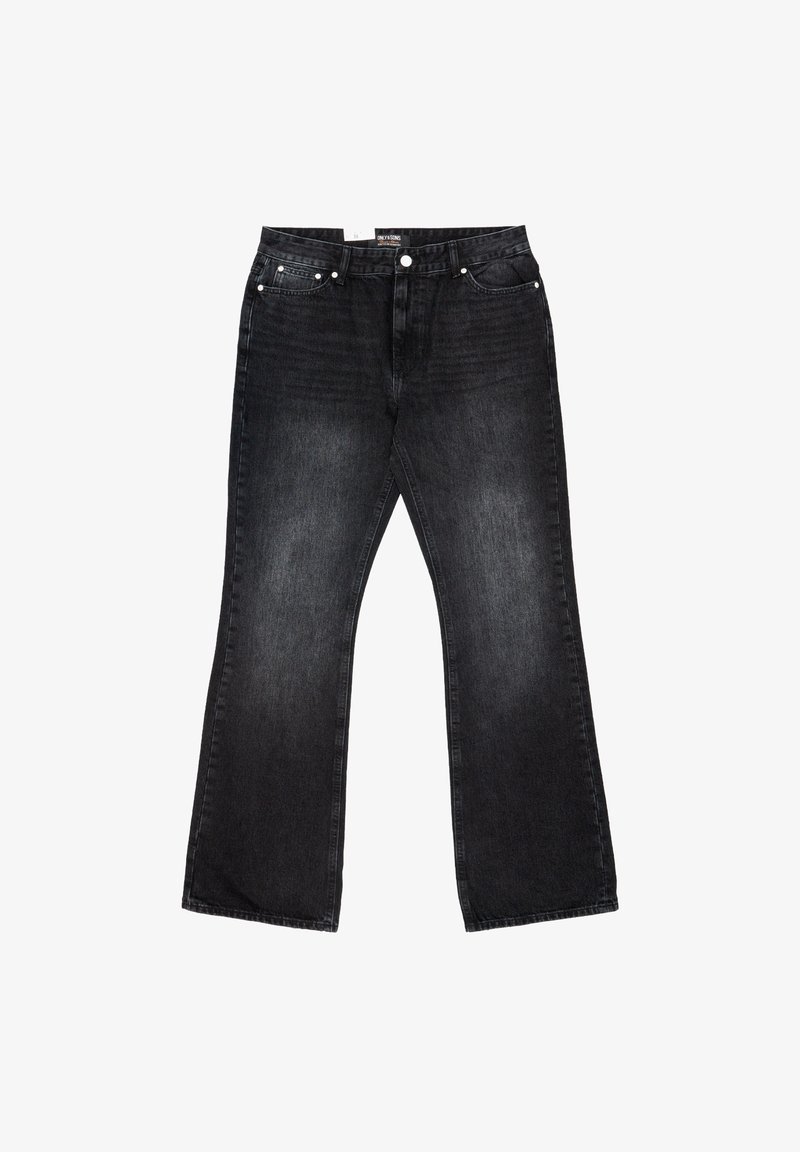 Jeans in denim nero con taglio a gamba larga, dotati di vita media, design a cinque tasche e dettagli in metallo argentato.