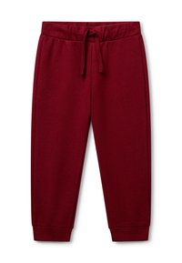 Bordeauxkleurige sweatpants van zachte katoenstof, met een elastische tailleband met een trekkoord en taps toelopende manchetten bij de enkels.