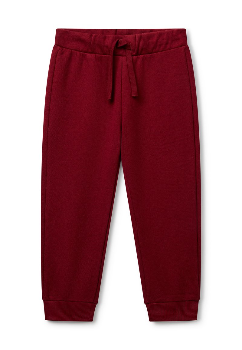 Bordeauxkleurige sweatpants van zachte katoenstof, met een elastische tailleband met een trekkoord en taps toelopende manchetten bij de enkels.