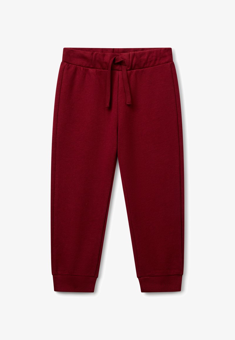 Bordeauxkleurige sweatpants van zachte katoenstof, met een elastische tailleband met een trekkoord en taps toelopende manchetten bij de enkels.