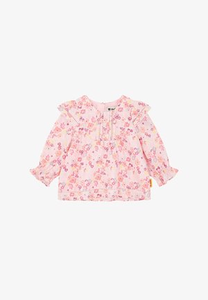 Lyserød bluse med blomsterprint, flæser ved skuldrene, lange ærmer, rund halsudskæring og rynkede detaljer ved ærmekanterne. Blødt bomuldsstof.