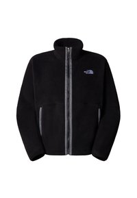 Svart fleecejacka med hög krage, framdragkedja, två dragkedjefickor och logo på vänster bröst. Har textil med struktur och kontrastsytt.