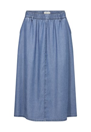 Denimu svārki ar brīvu piegriezumu, elastīgu jostasvietu, sānu kabatām un garumu līdz ceļiem gaismas zilā krāsā. Nav pamanāmu rakstu vai akcentu.