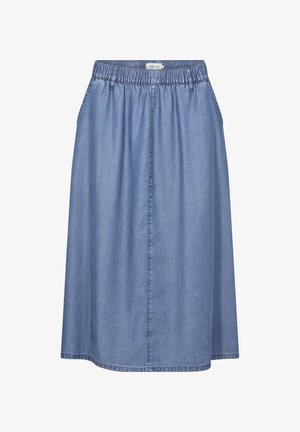 Kergelt veniv vöökoht, küljetaskud ja põlveni ulatuv disain, mis on valmistatud helesinisest denimist. Mingeid eritoone või aktsente ei ole.