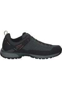 Black and dark green hiking shoes with textured fabric, rubber soles, and orange accents. Featuring a streamlined design and secure lacing.