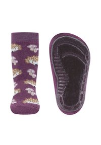 Lila Socken mit einer strukturierten Gummisohle, die mit einem Muster aus braunen und weißen Blumen versehen sind. Das Material scheint weich und dehnbar zu sein.