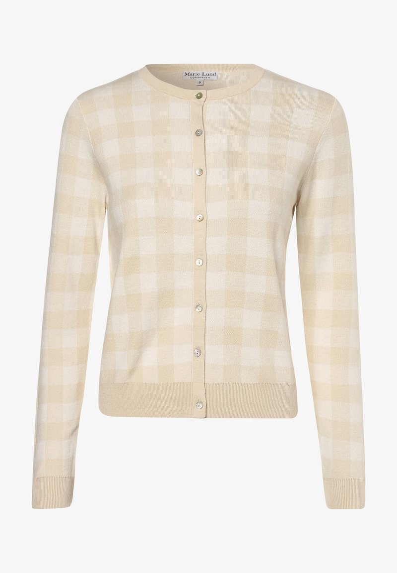 Cardigan à manches longues beige et blanc à carreaux avec encolure ronde et boutons sur le devant, étiquette Marie Lund Copenhagen, taille S.