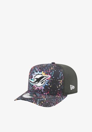 Black cap with a colorful splatter pattern. Features an embroidered logo on the front, solid colored sides, and a curved brim.