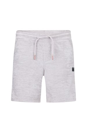 Jasnoszare szorty z frotté z przednimi kieszeniami, regulowanym sznurkiem w pasie i małą czarną naszywką z logo po prawej stronie.