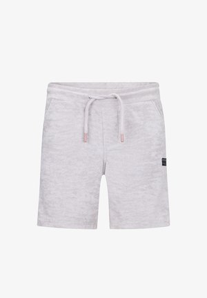 Hellgraue Shorts aus Frottee mit Fronttaschen, verstellbarem Kordelzug am Bund und kleinem schwarzem Logopatch auf der rechten Seite.