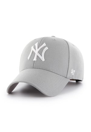 Light gray baseball cap with white embroidered interlocking NY logo on front and small white "47" on side.
